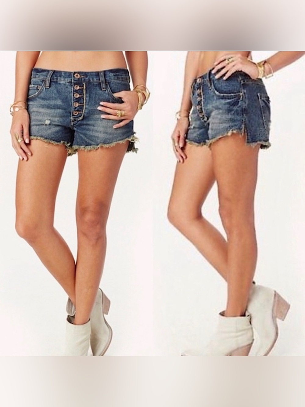 Free People Dark Blue Distressed Button-Fly Denim Shorts